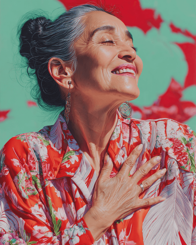 Lucent Arc Studio. AI-directed campaign imagery. Just Like You. Painterly hyper-real portrait of a woman in a calm daily moment.