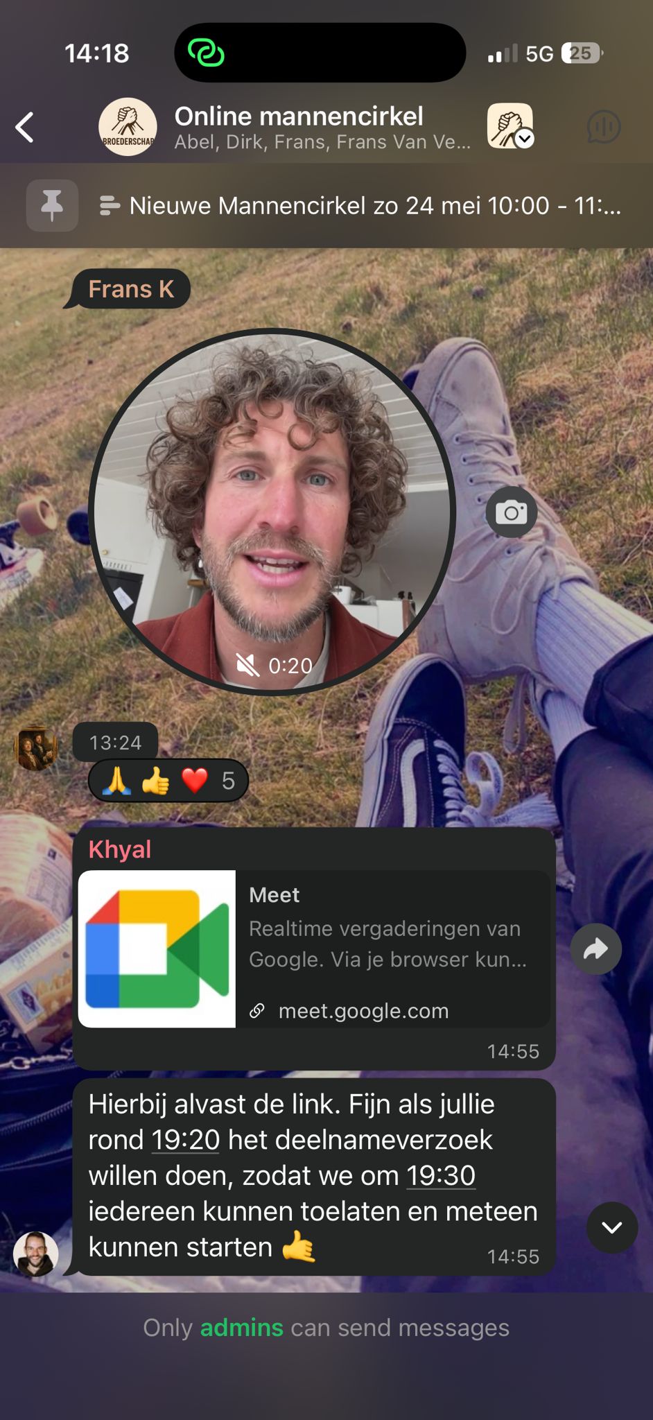 Screenshot van een WhatsApp-gesprek in de Broederschap mannencirkel groep, met een videobelmoment tijdens de cirkel