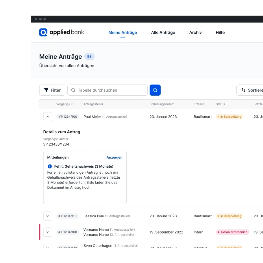 UI Übersicht aller Anträge