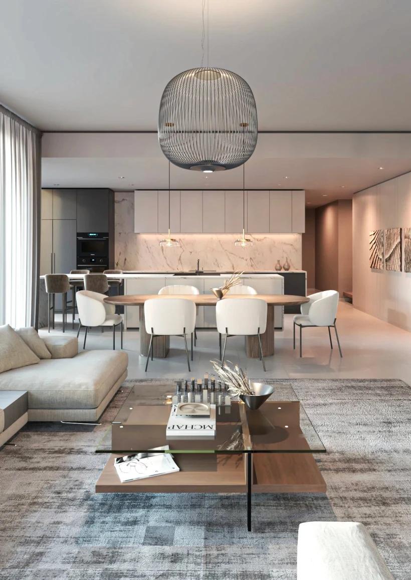 Modern living room featuring white furniture and contemporary lighting fixtures, creating a bright and stylish atmosphere.