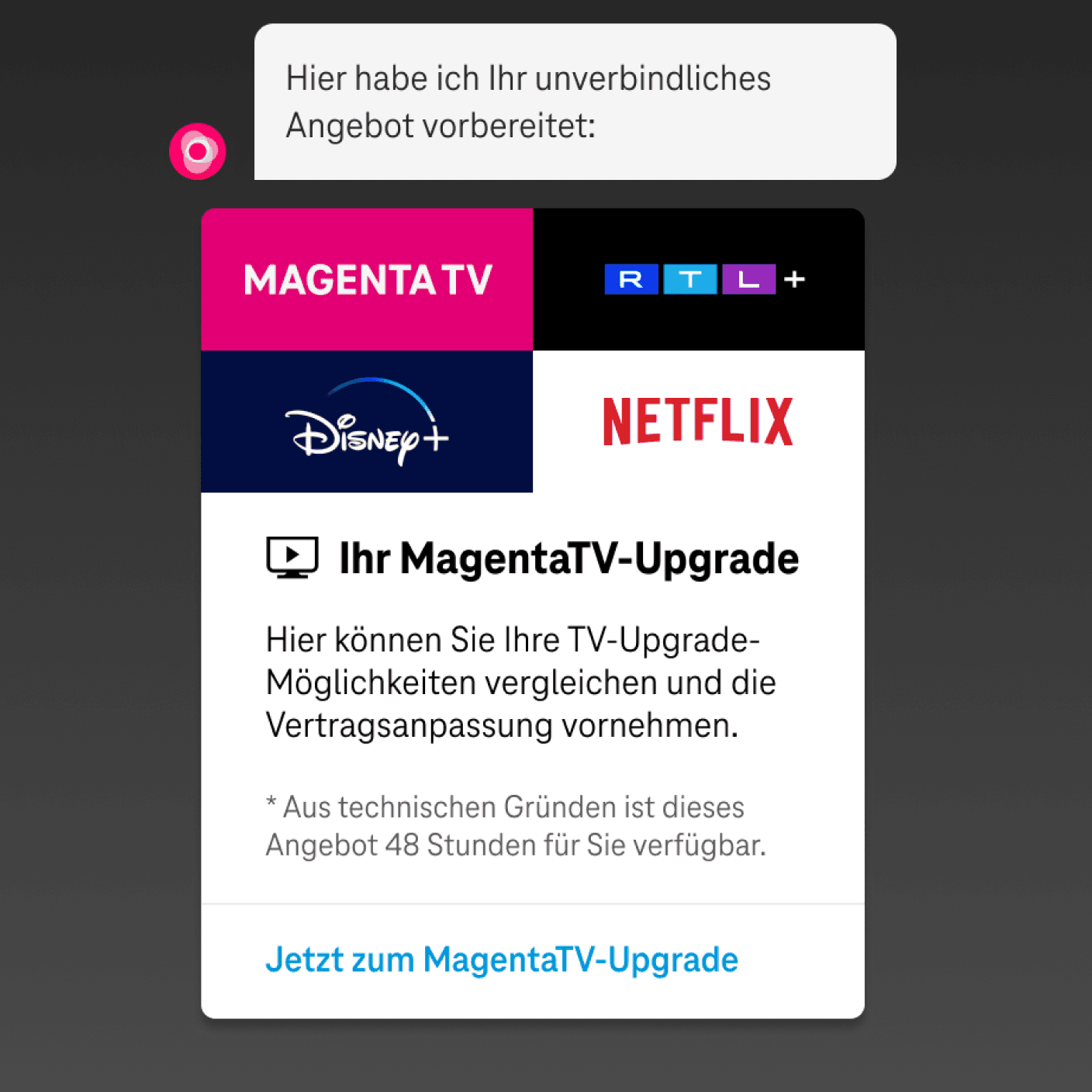 Werbebanner zu einem MagentaTV-Upgrade mit Logos von Disney+, Netflix, RTL+, und Magenta TV. Mit kurzem Beschreibungstext zum Produkt, sowie textlink "Jetzt zum MagentaTV-Upgrade".