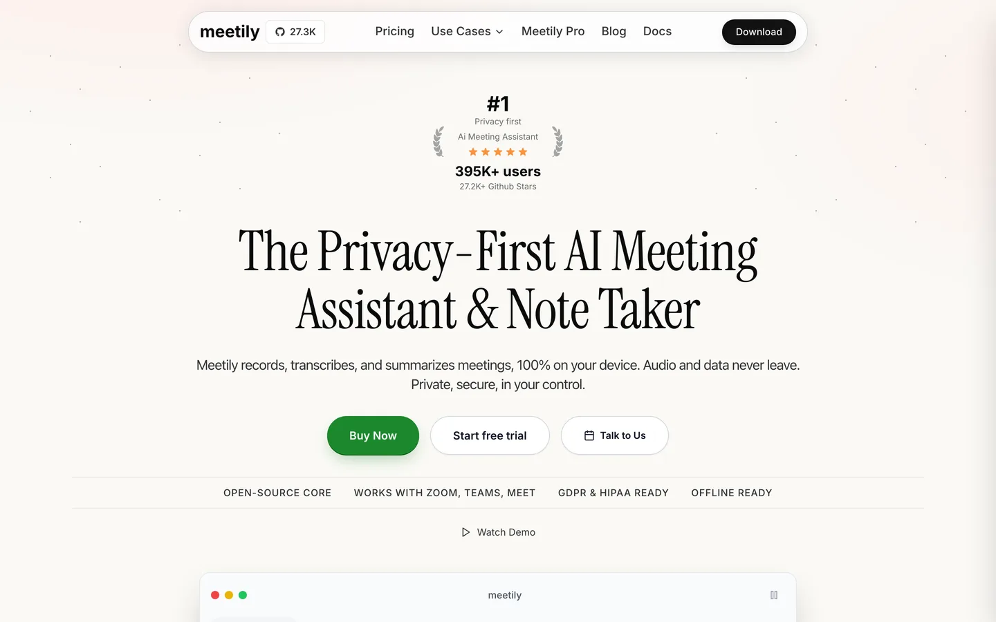 The Meetily website, an open-source privacy-first meeting assistant