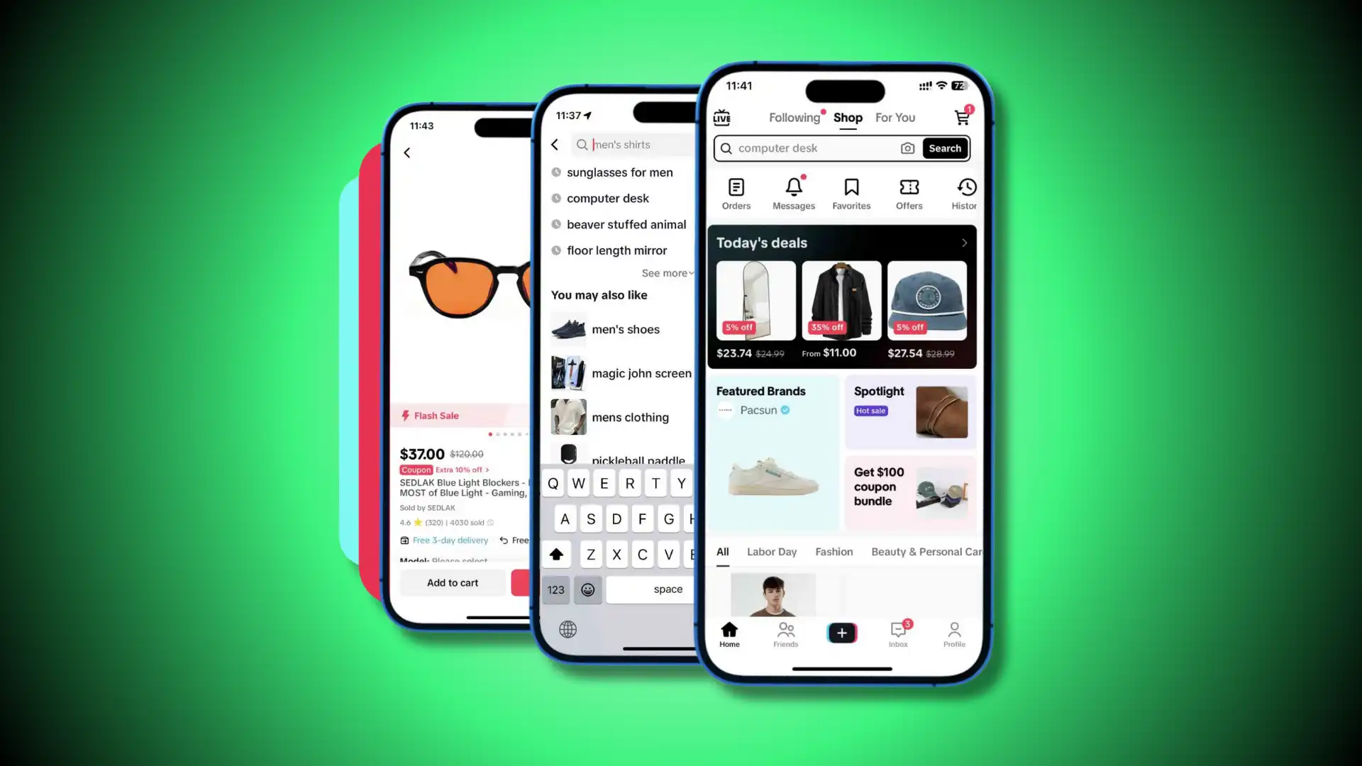 Three smartphones showing the TikTok Shop interface, demonstrating the platform's seamless discovery-to-purchase experience.