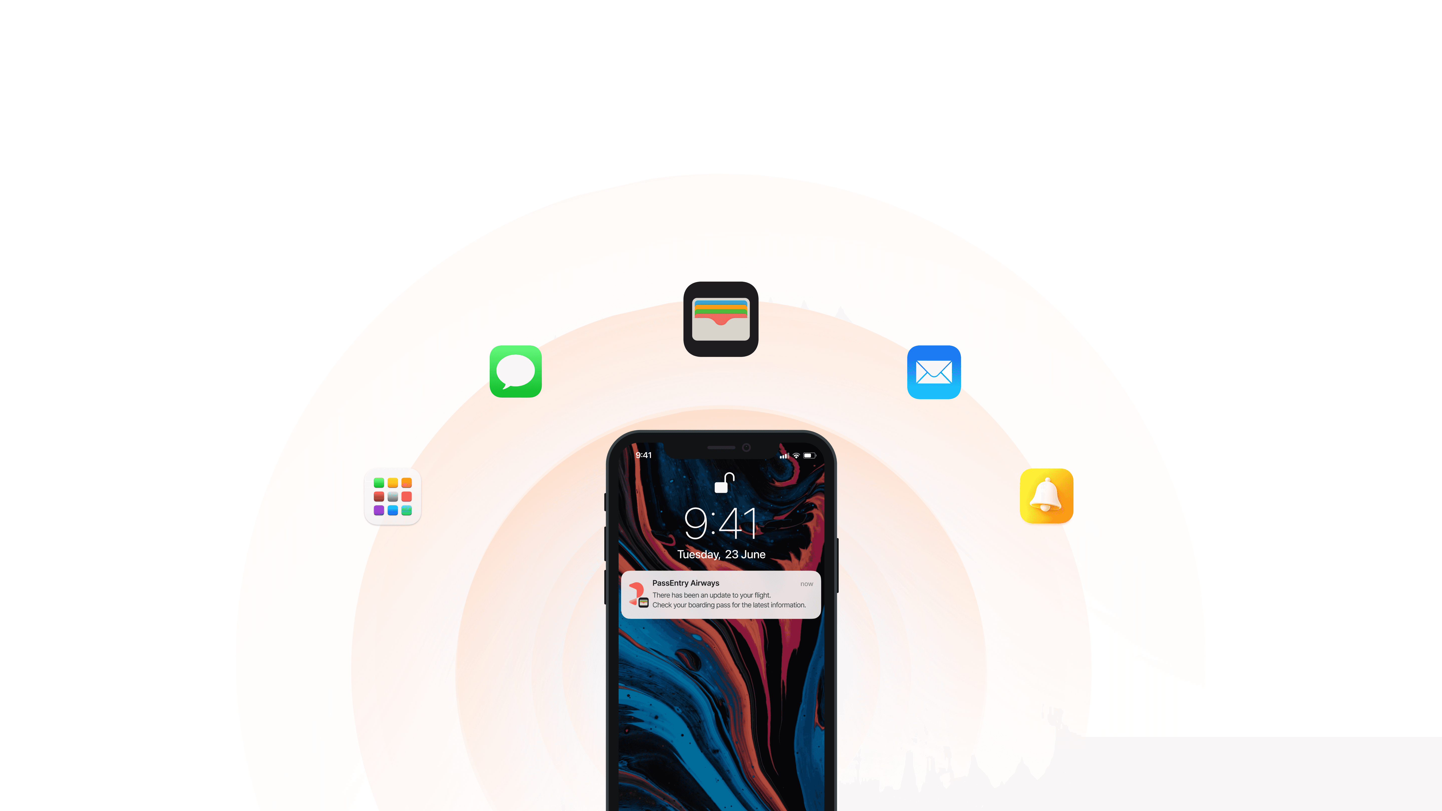 Illustration comparing wallet pass notifications with SMS, email, mobile apps and push alerts on a smartphone.