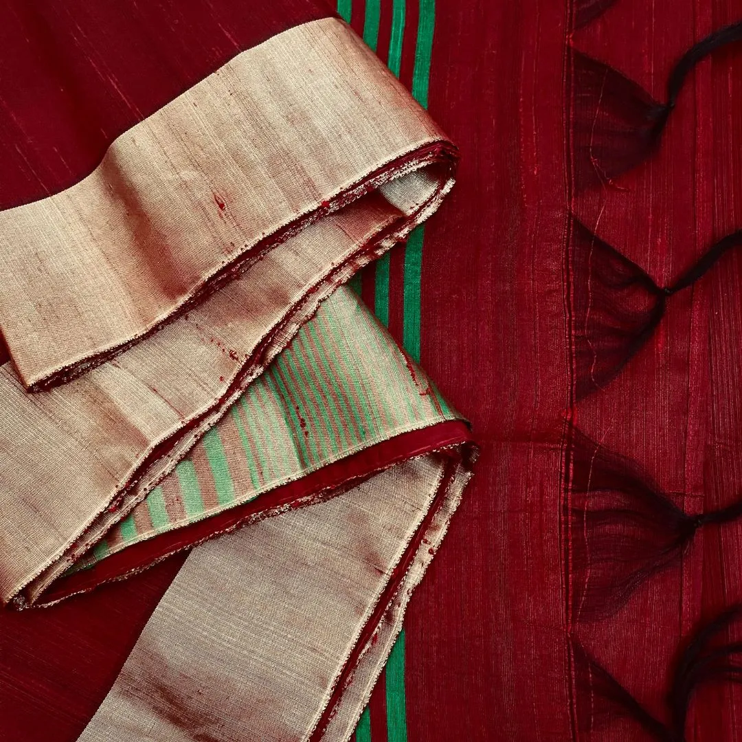 Dark Red Green Silk Cotton Saree