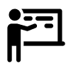 Icon of a person presenting with a whiteboard, representing customized training or learning sessions