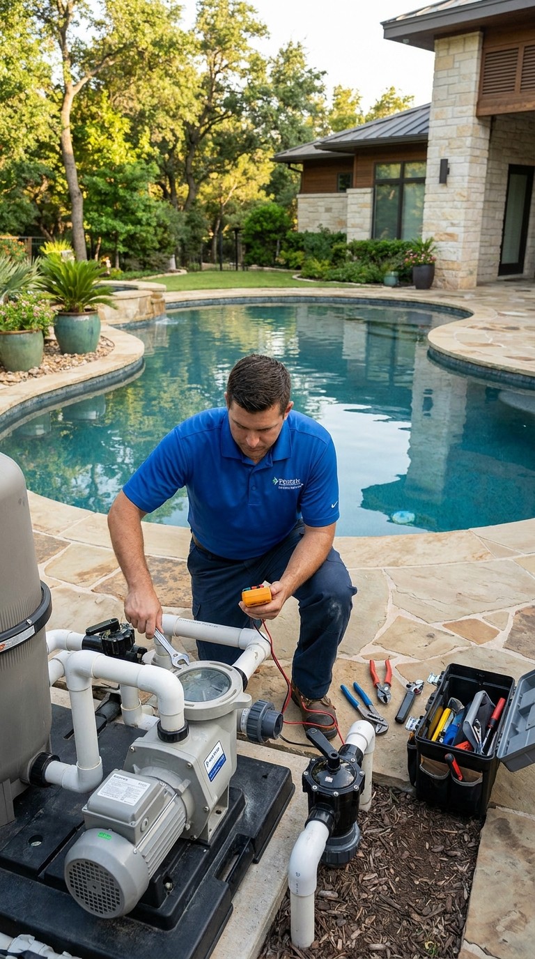 Technician repairing tile inside a residential swimming pool