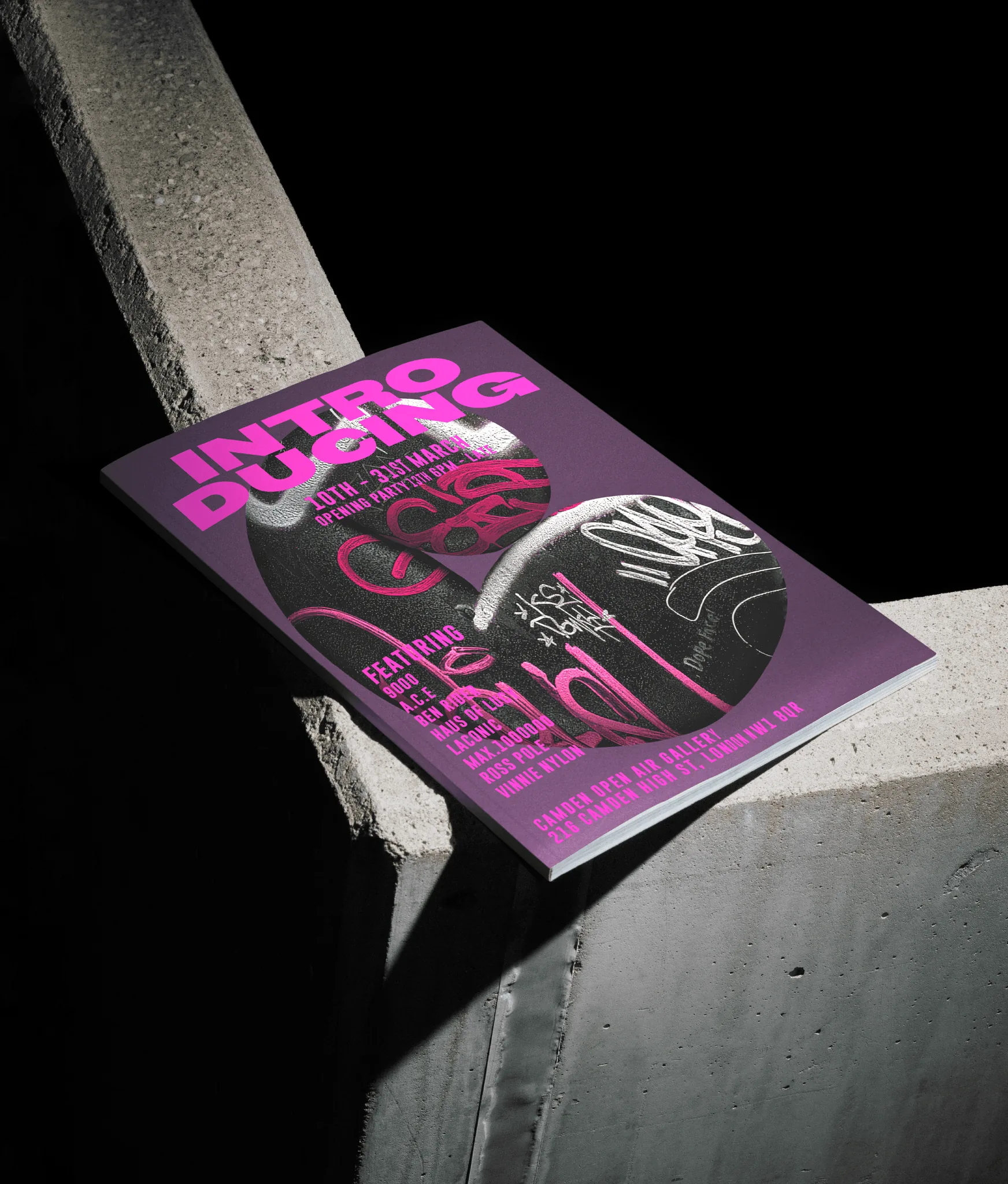 Magazine with a pink Introducing cover and graffiti lettering resting on concrete