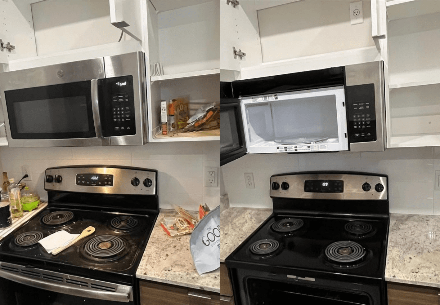 Before and after of a kitchen for a move in / move out clean going from dirty to spotless.
