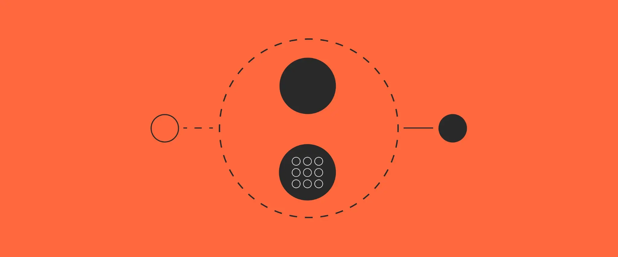 Abstract diagram of circles and lines on orange background.