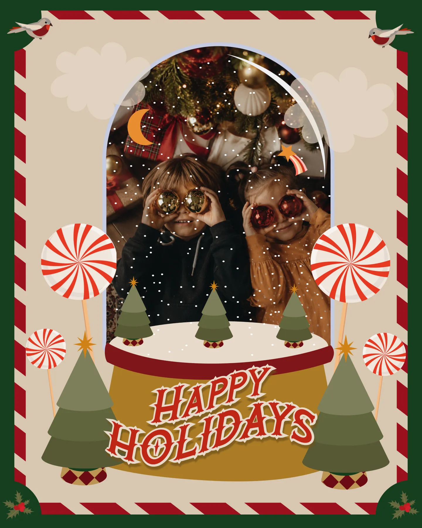 'Happy Holidays' card template with a Christmas tree border and a family room photo