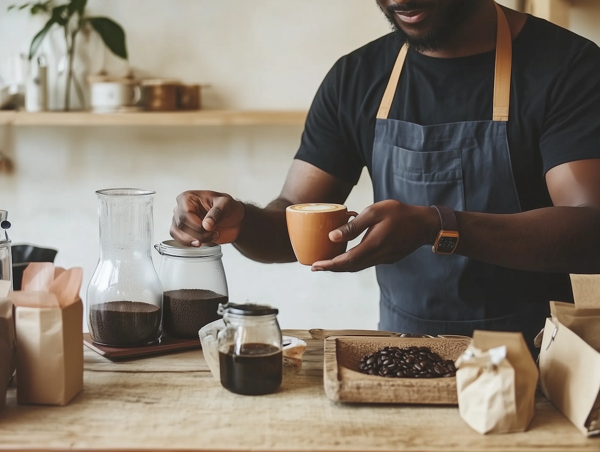 Barista gracefully making latte art in a to-go coffee cup