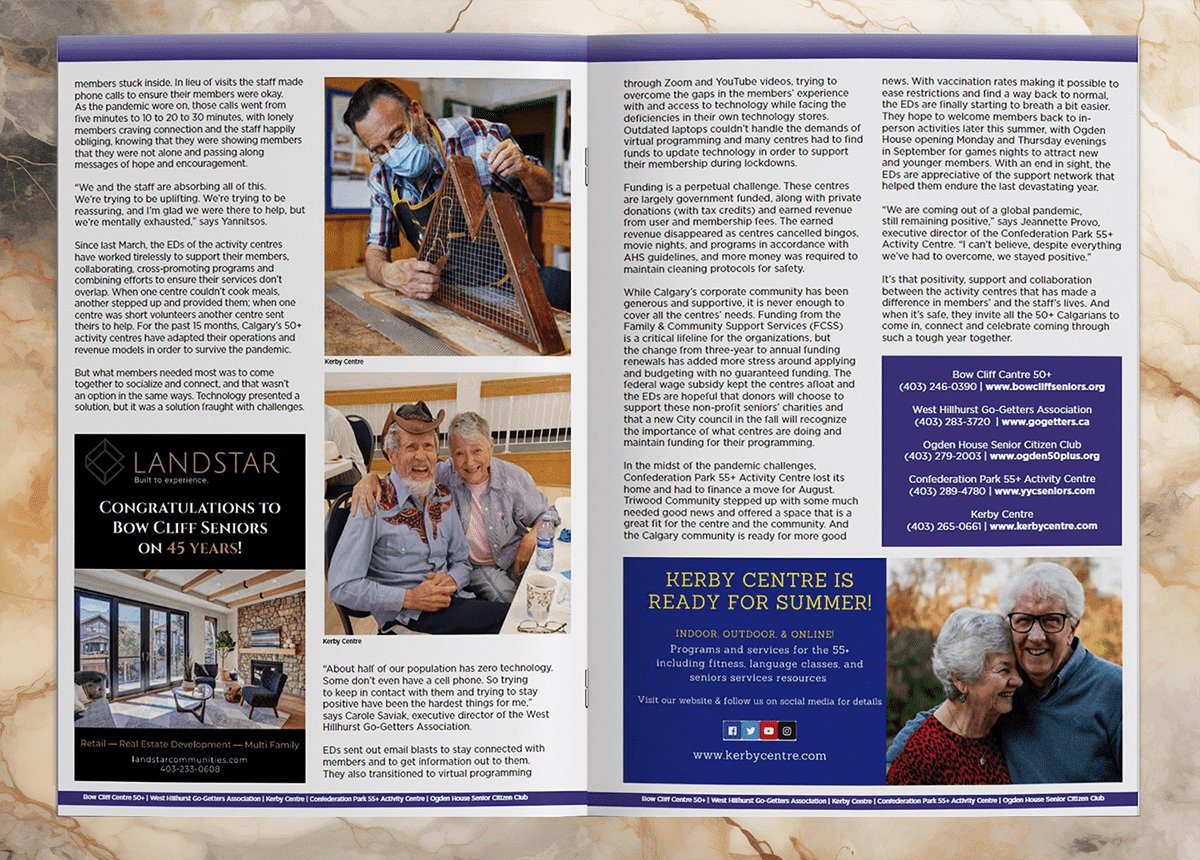 A magazine 2-page spread showcasing an ad on one page