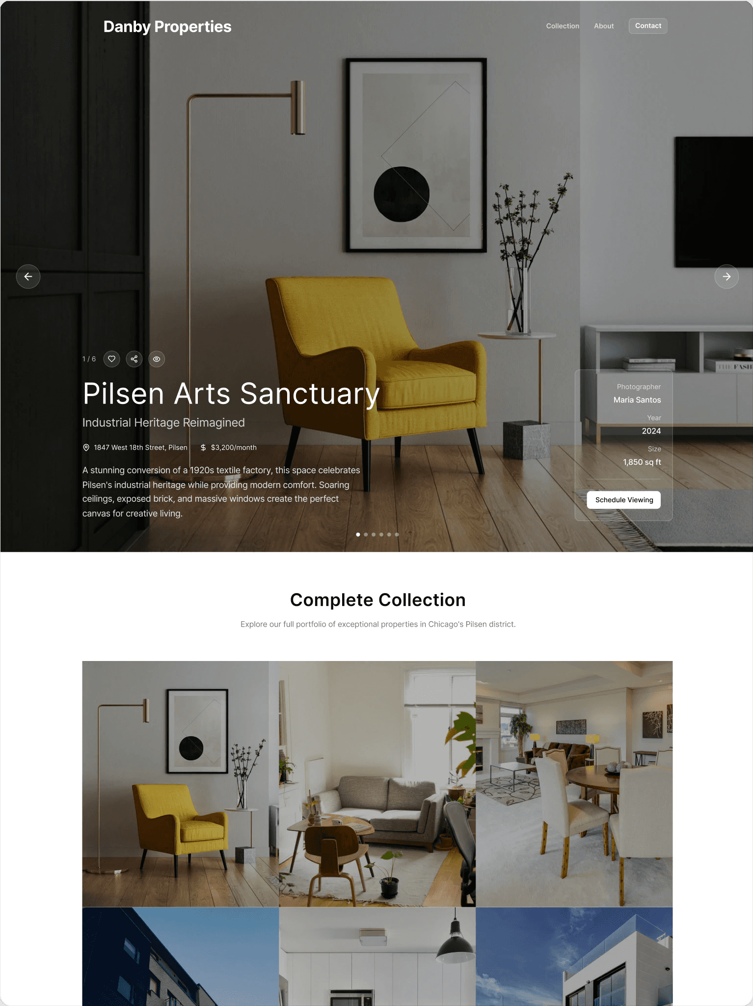 Full Danby Properties landing page on desktop: neighborhood-focused hero, available listings with prices, and a short contact form