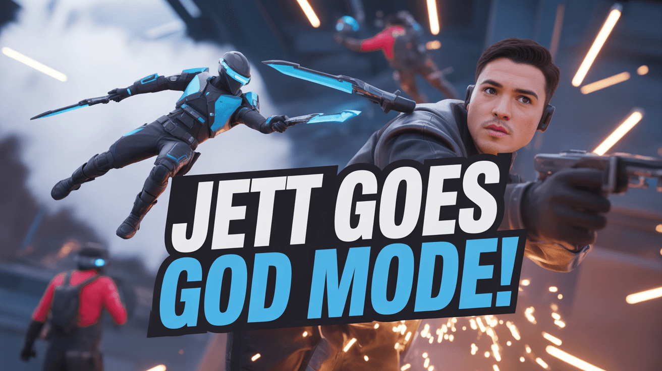 Jett dashing through smoke with glowing knives aiming for headshot under JETT GOES GOD MODE text