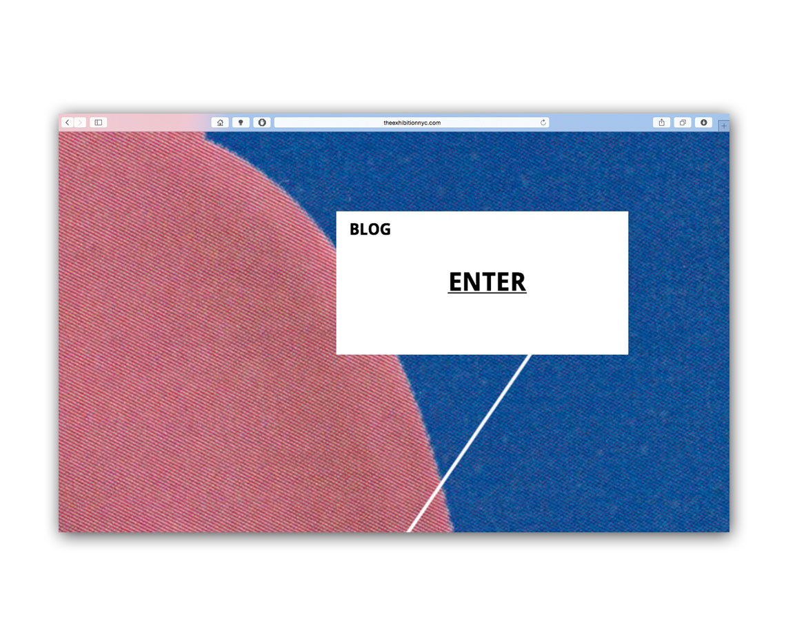 A computer screen displays a website with a white rectangular box containing the word "BLOG" in black text. Below it, the word "ENTER" is displayed in black text. A diagonal white line extends from the box toward the bottom right corner of the screen. The background of the screen is divided into two color fields: a pinkish-red on the left and a deep blue on the right. The top bar of the browser window shows a small portion of a website address: "theshibbitonny.com".