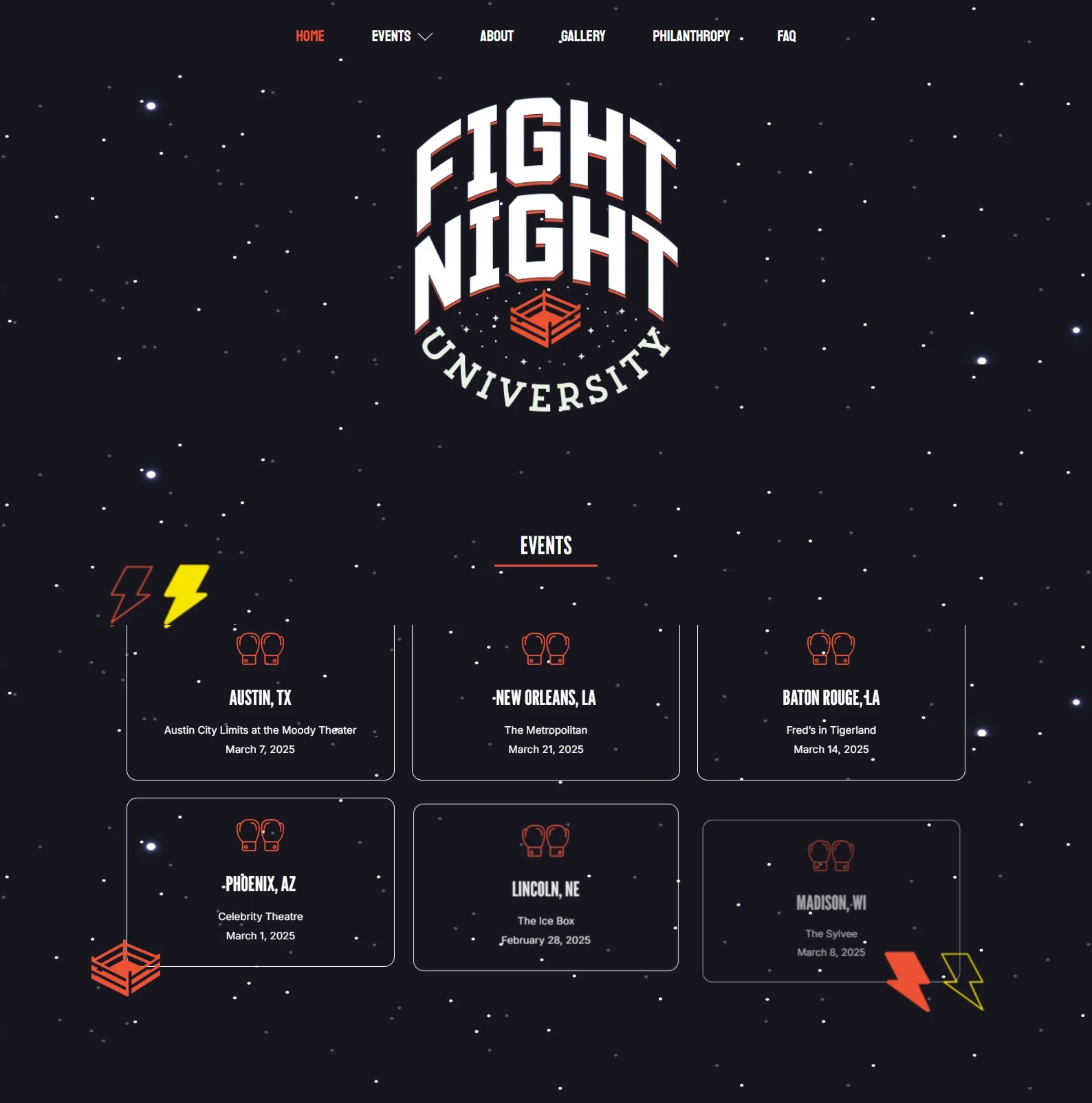 Fight Night University website design preview – event and sports fundraising website by RJP.design Web Design Agency NYC, featuring dynamic visuals and bold athletic branding.