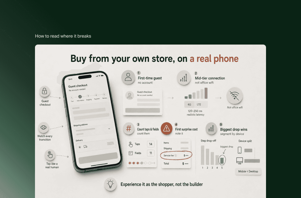 Smartphone mit Gast-Checkout und Schritten, den eigenen Shop als Erstkäufer über eine echte Mobilverbindung zu testen