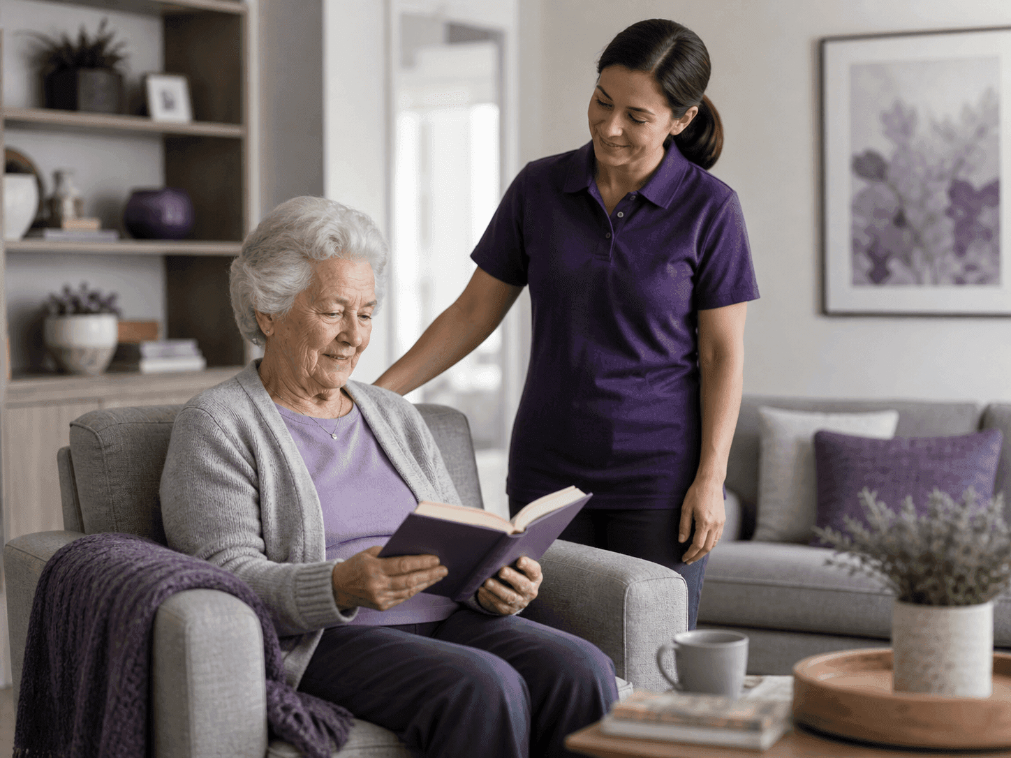 Elderly person receiving gentle support from a caregiver at home