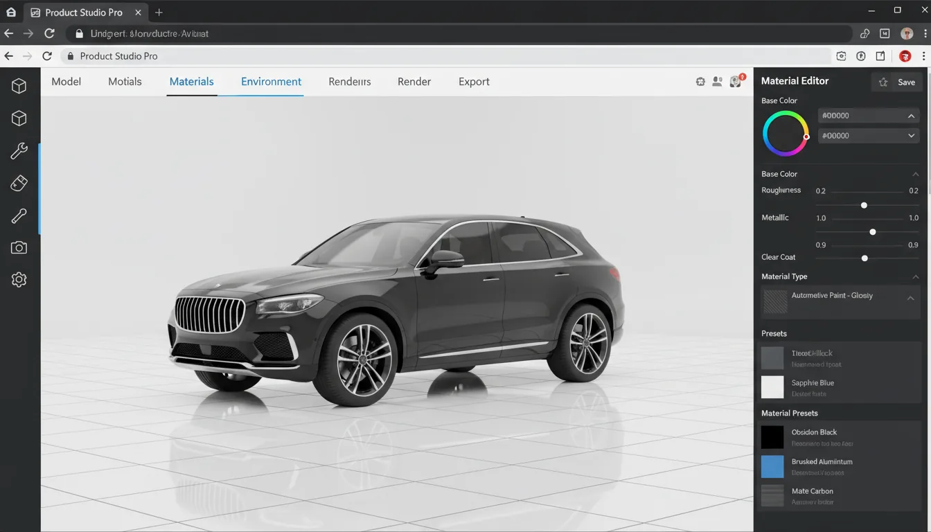 A screenshot of a professional 3D product configurator software UI, SaaS dashboard style. The layout features a central viewport in a clean light mode, with a modern dark mode vertical icon toolbar on the left and a detailed dark mode properties panel on the right. In the center, a photorealistic 3D render of a modern black luxury crossover SUV is displayed on a white tiled grid floor inside a minimalist virtual studio. The right-side inspector panel is filled with UI elements, dropdown menus, and abstracted text labels. A header above the viewport has navigation tabs with a vibrant blue accent color on the active tab. The entire application is shown within a web browser window.
