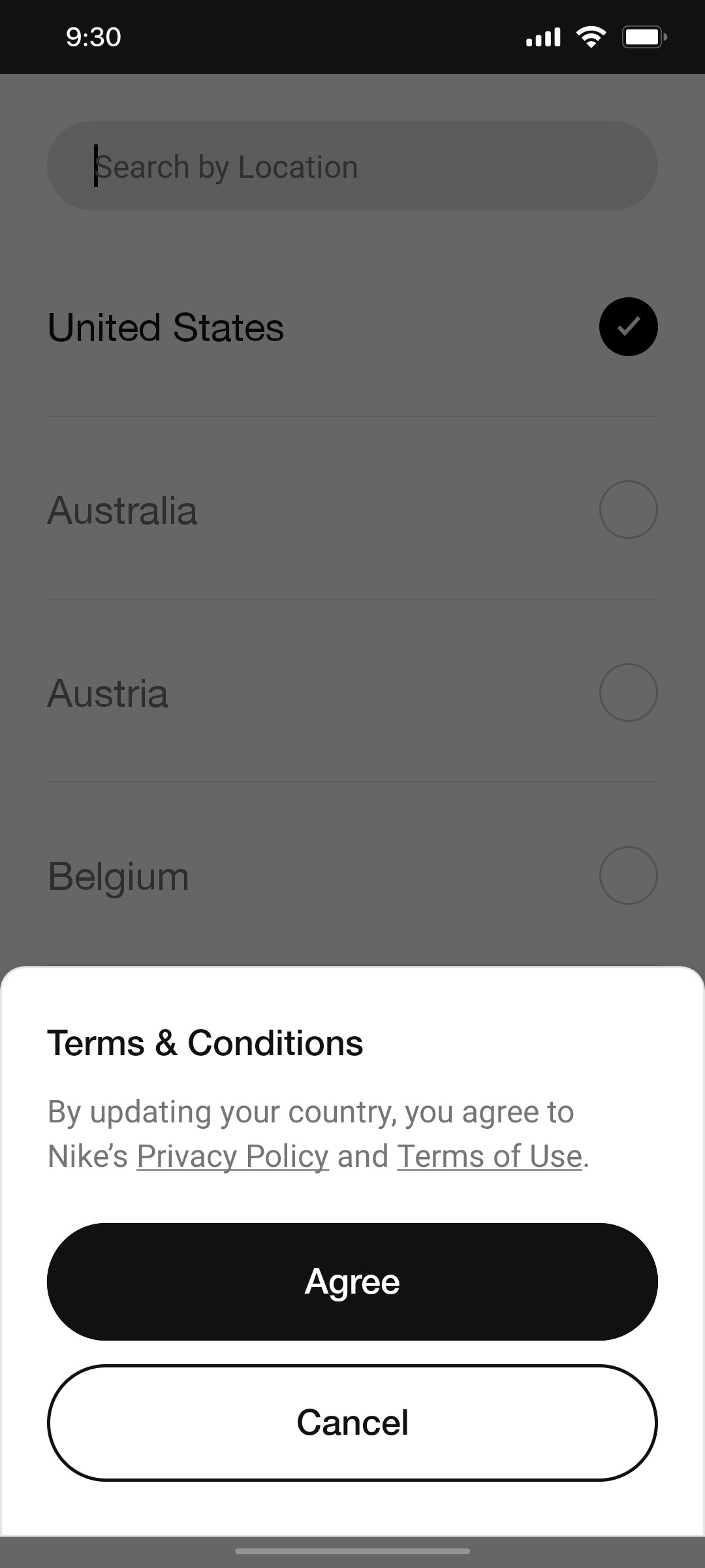 Nike App Terms and Condition Screen