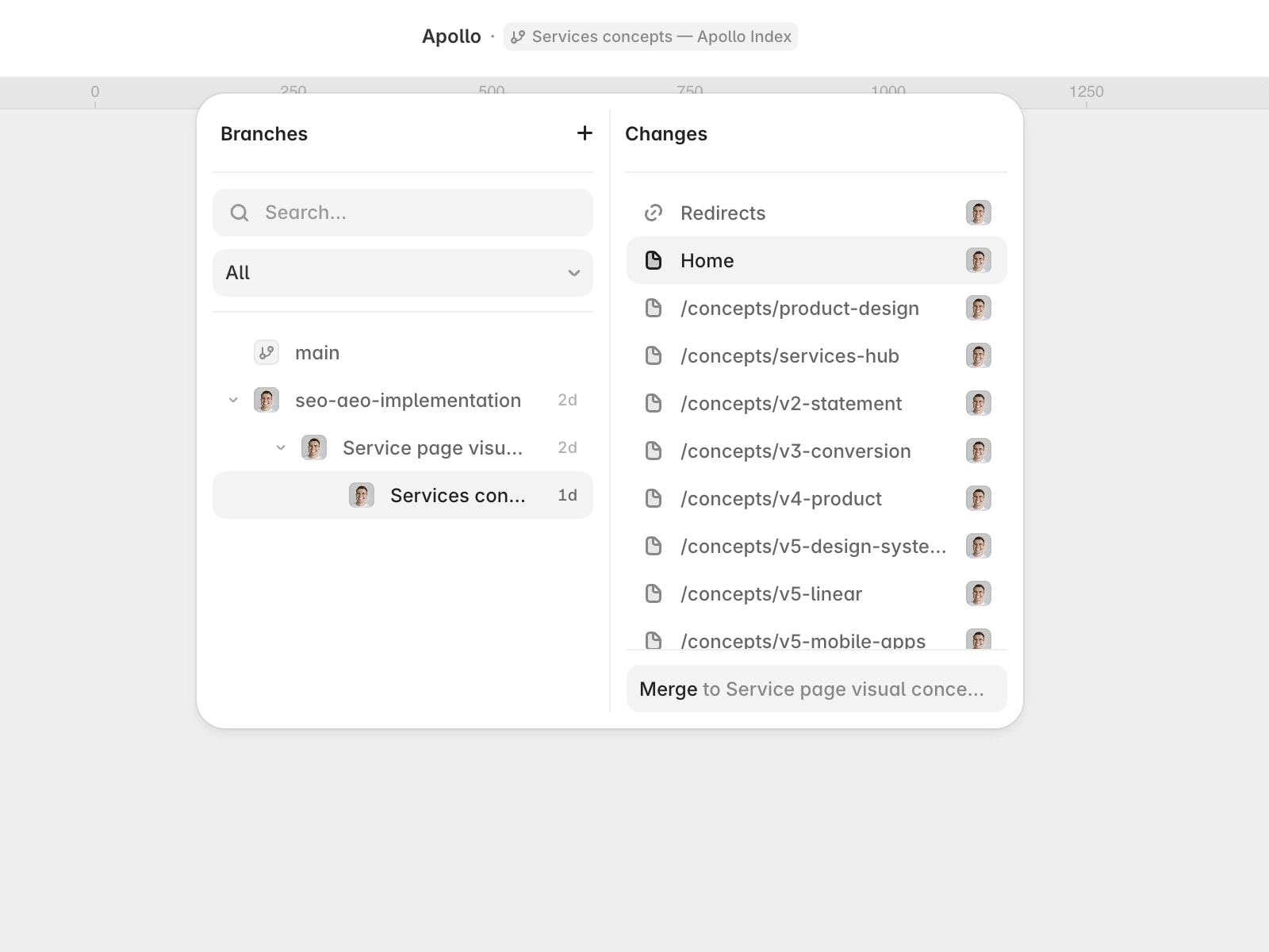 Framer branch panel listing agent branches on the left and the changed pages on the right, with a Merge button