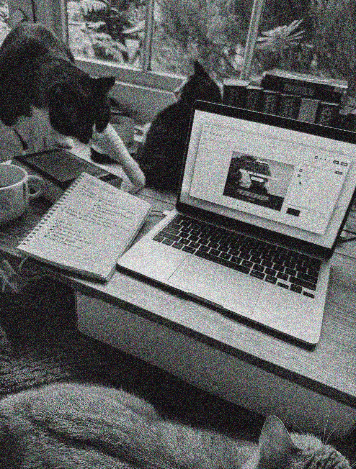 Black and white image of laptop next to notebook on a desk.