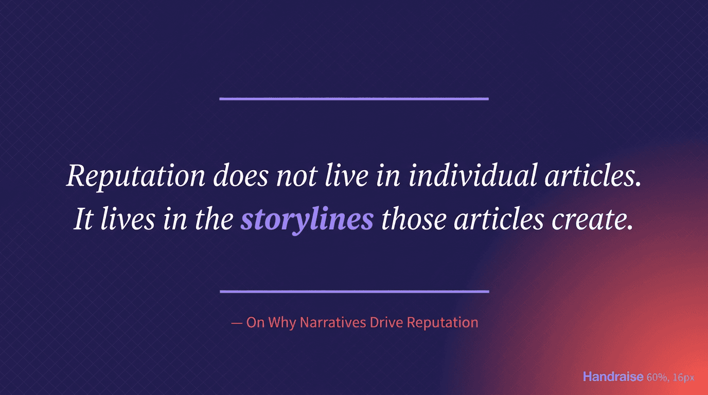 Pull quote stating that reputation does not live in individual articles but in the storylines those articles create
