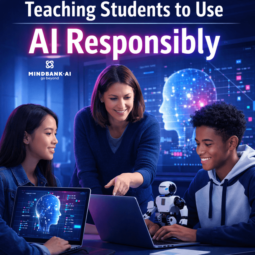 AI-powered education scene showing teacher guiding students using AI tools responsibly, highlighting ethical AI use, digital learning, and responsible technology in the classroom