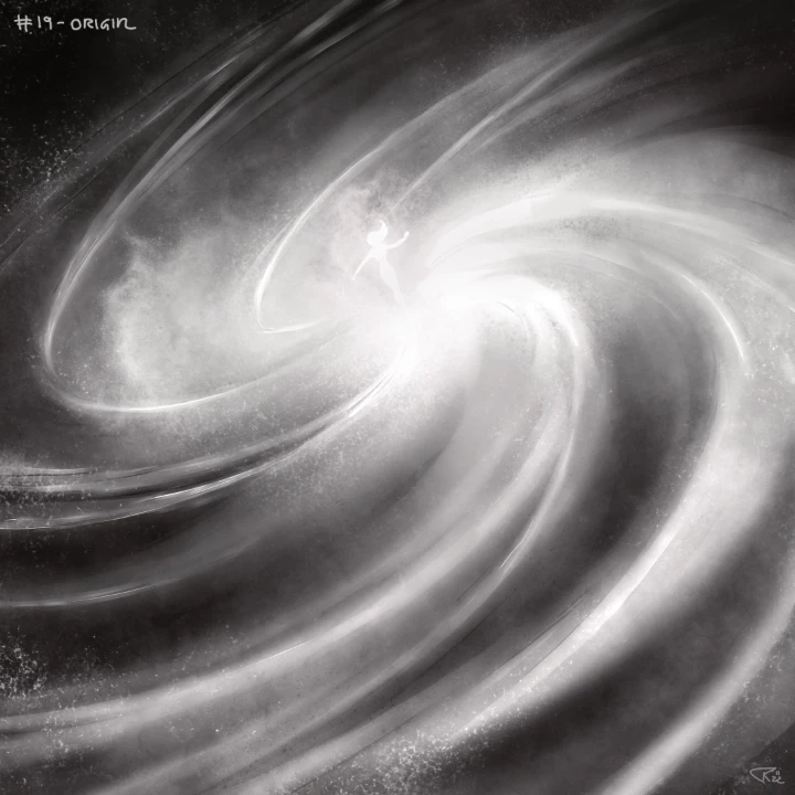 Digital drawng of the glowing figure of a woman in the centre of a galaxy.