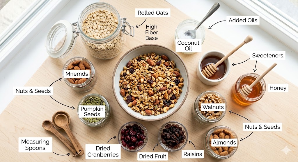 Top-down flat lay of ingredients for a granola recipe arranged around a bowl of finished granola on a wooden table. Clearly visible and labeled items include Rolled Oats, Honey Drizzle, Maple Syrup, Coconut Oil, Almonds, Walnuts, Pumpkin Seeds, Raisins, Dried Cranberries, and measuring spoons. Captions highlight groupings like 'Added Oils,' 'Sweeteners,' and 'Nuts & Seeds' for educational purposes.