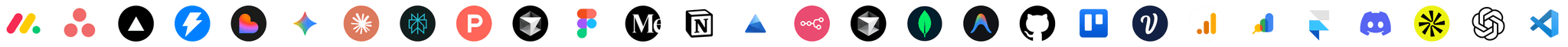 A horizontal row of circular logos representing popular SaaS integrations, developer platforms, and productivity tools—including Monday.com, Asana, Figma, Notion, GitHub, ChatGPT, and VS Code—against a dark background.
