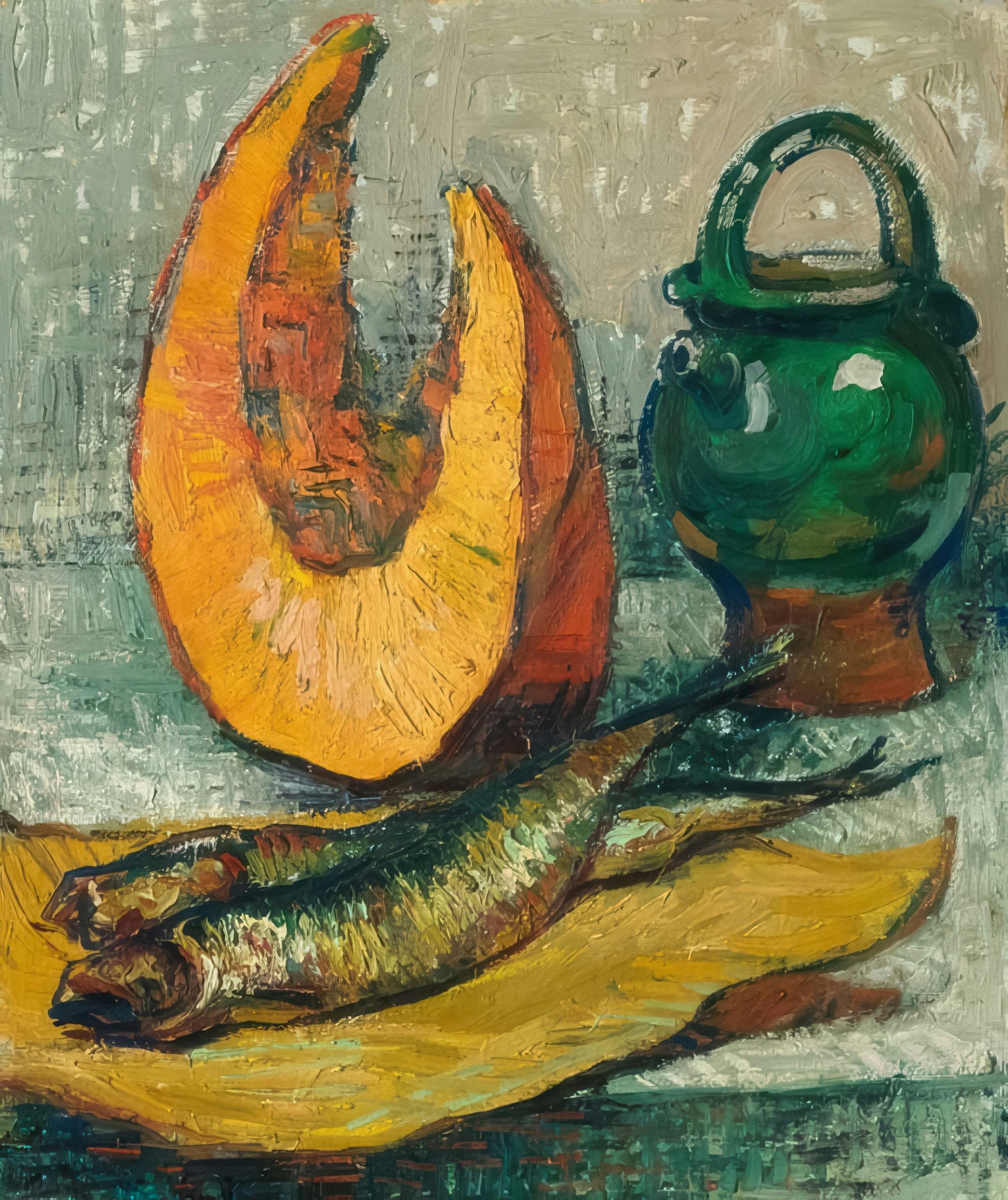 Still life with pumpkin, fish, and green jug