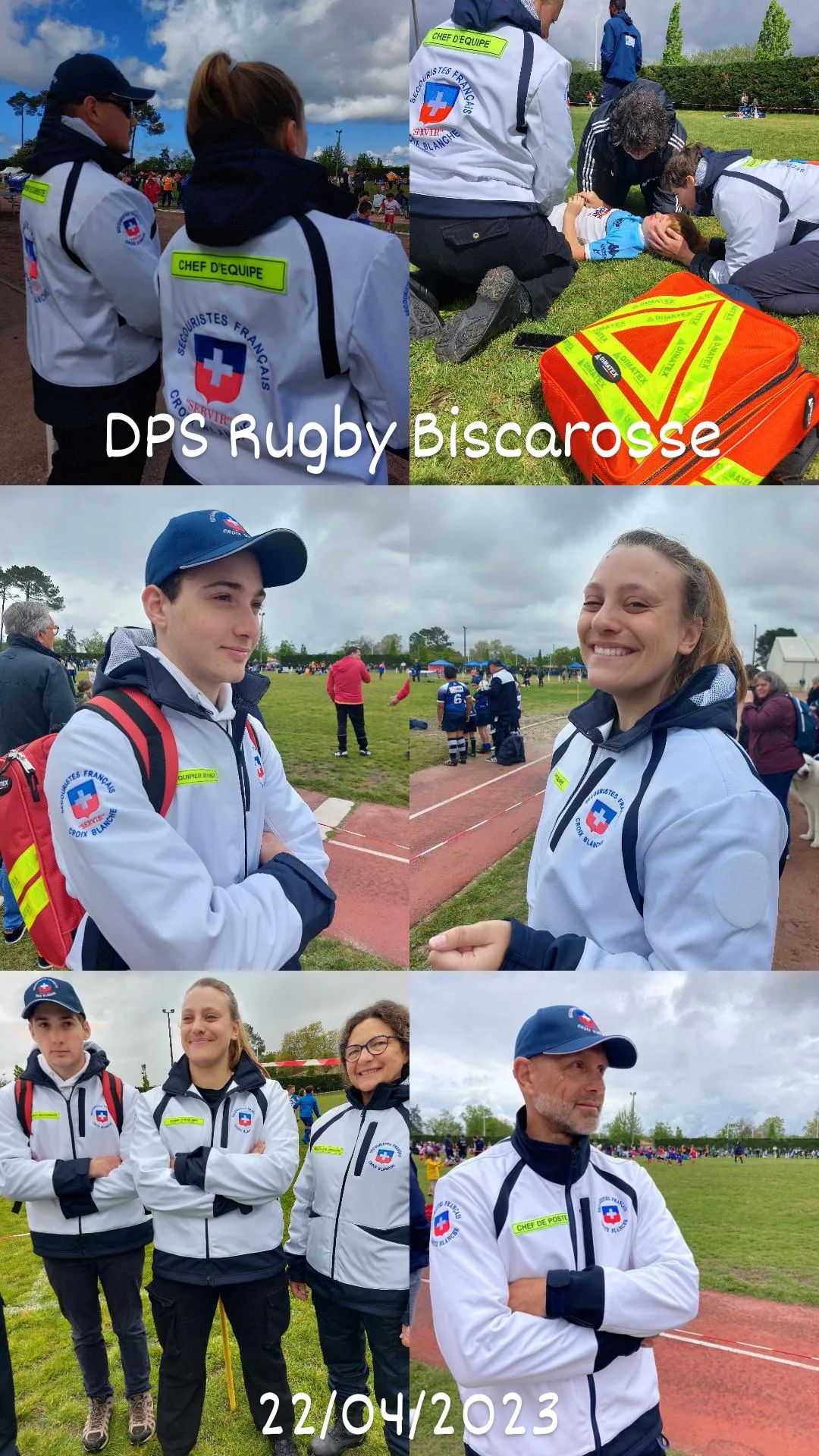 Secouristes DPS Rugby Biscarrosse, préparation pour l'événement sportif, 22 avril 2023.