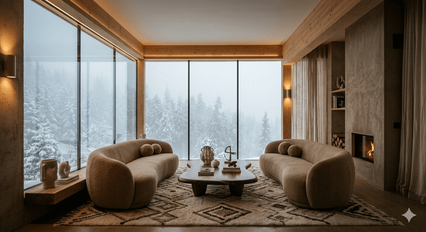 Luxury alpine living room with curved cream bouclé sofas, organic walnut coffee table, abstract stone sculpture, and Akari paper floor lamp, exposed timber vaulted ceiling with ridge beams, snow-capped mountain panorama through full-width timber-framed windows and glazed balcony doors