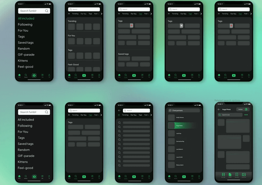 Screenshots of a dark mode mobile app interface showcasing various content categories and layouts.