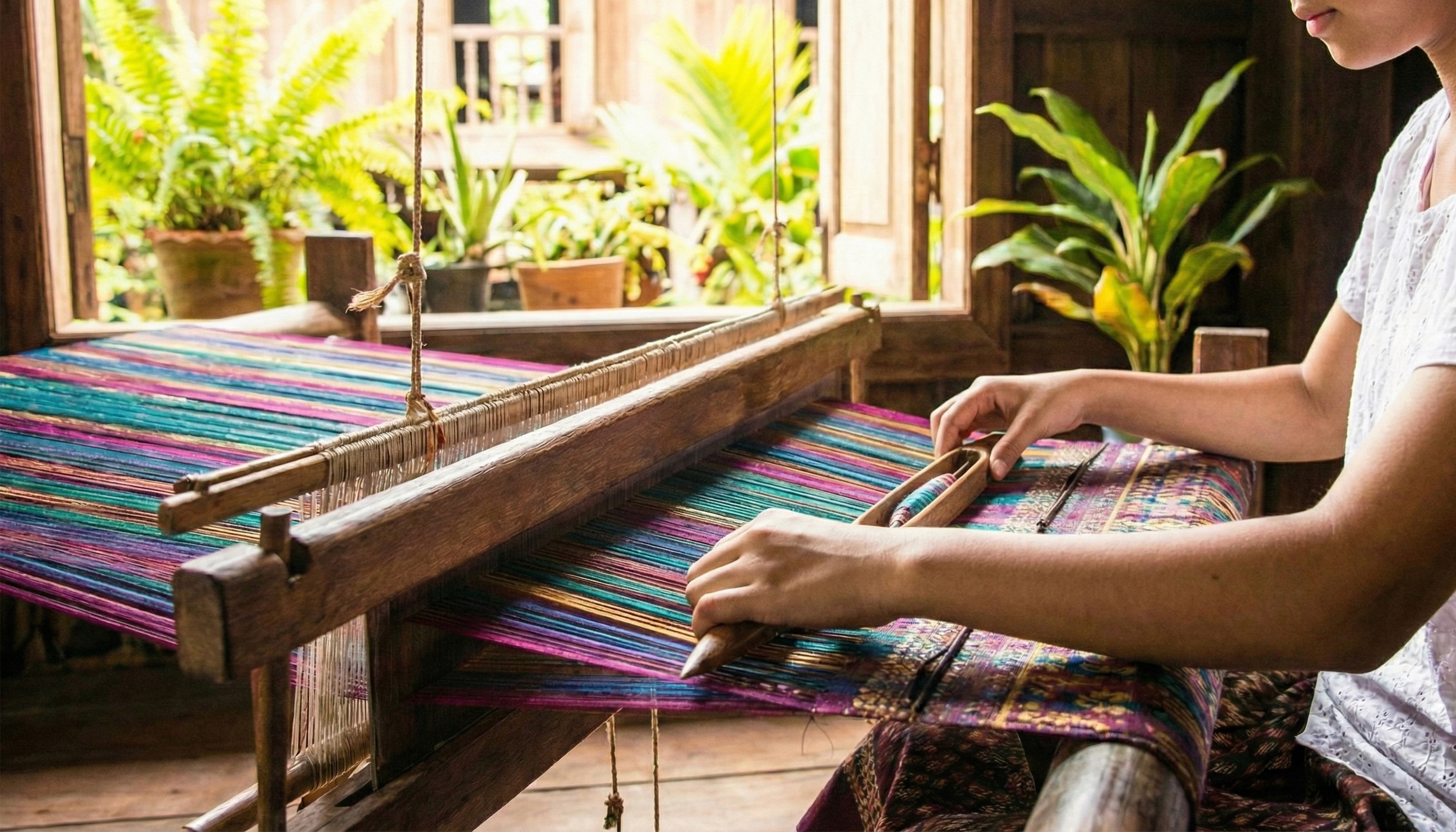 Traditional Khmer weaving cultural experience, authentic Cambodian heritage tourism, artisanal craft demonstration.