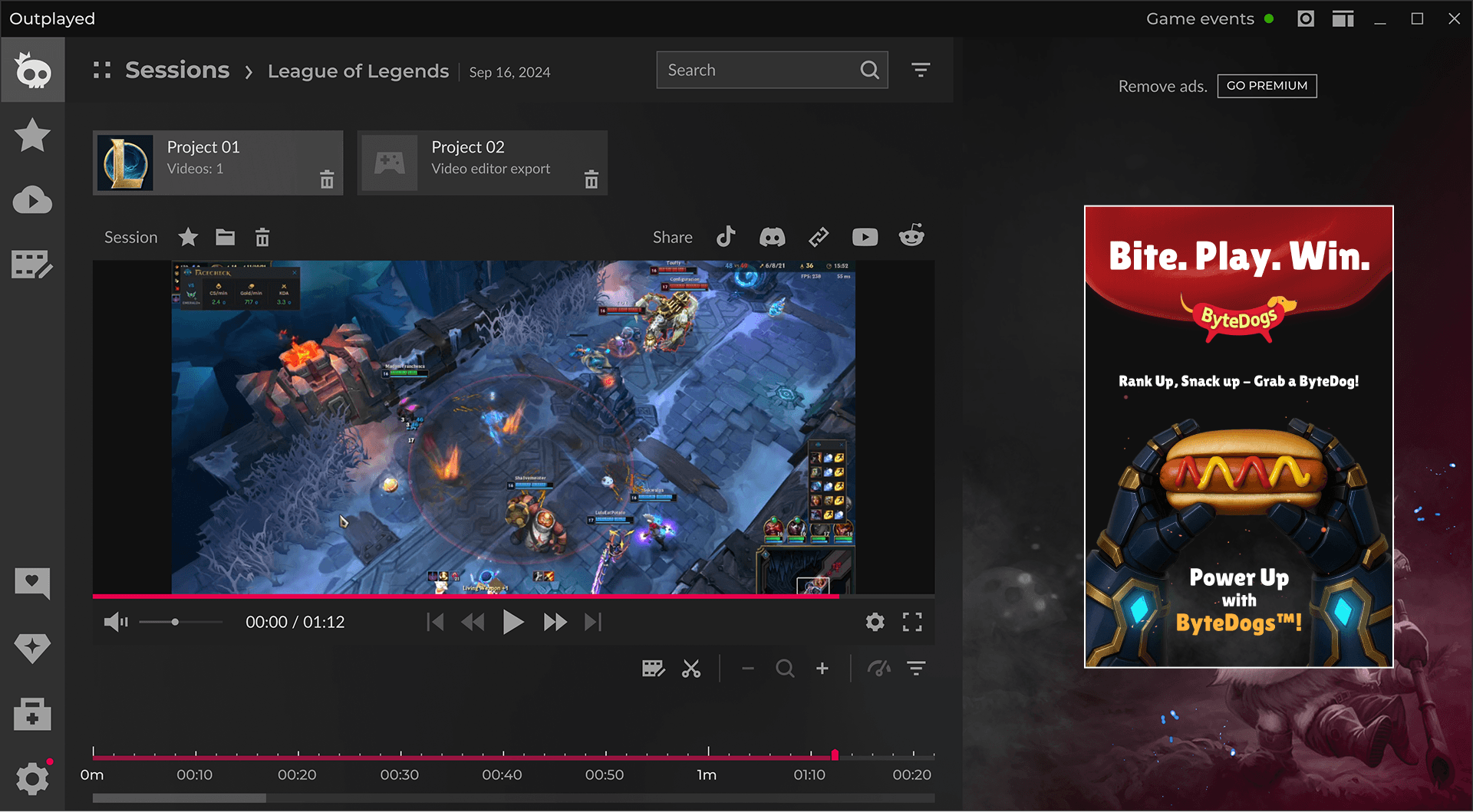Gaming video editing dashboard with League of Legends gameplay capture, session manager, and esports content tools.