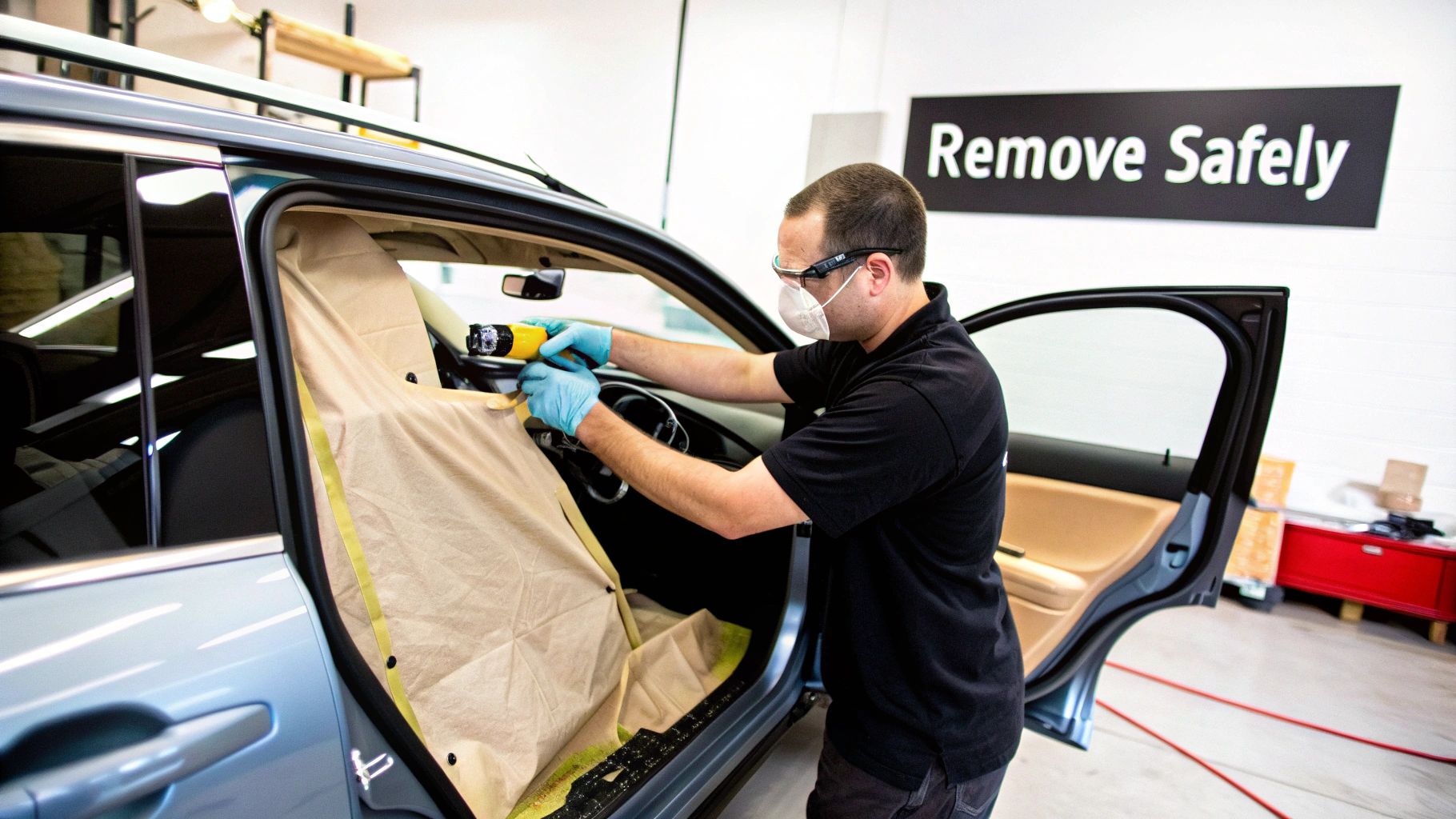 A technician carefully using a tool to cut the urethane seal around a damaged rear car window.