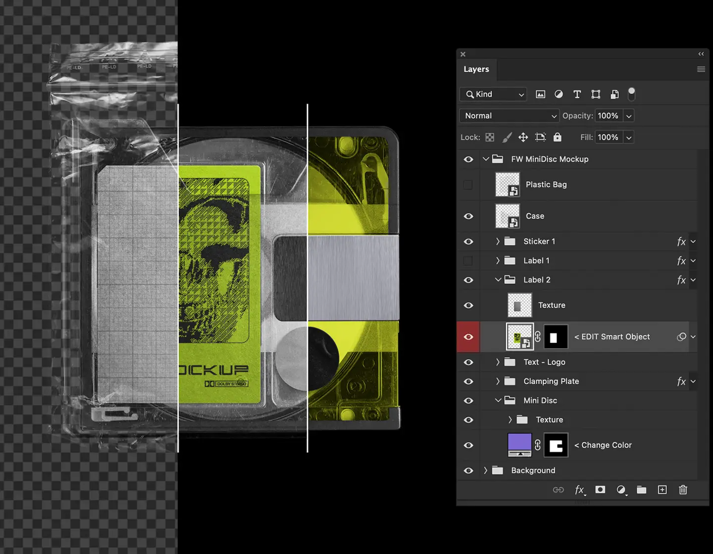 Mini Disc Mockup detail view highlighting the organized Photoshop layers and easy smart object editing features