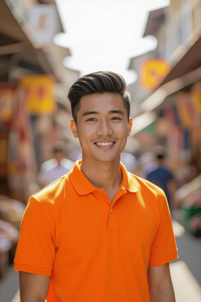 Smiling man in an orange polo shirt standing in a lively outdoor market.