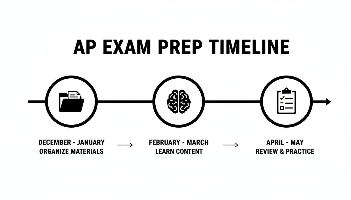 A visual timeline outlining AP exam preparation from December to May, covering organization, learning, and review.