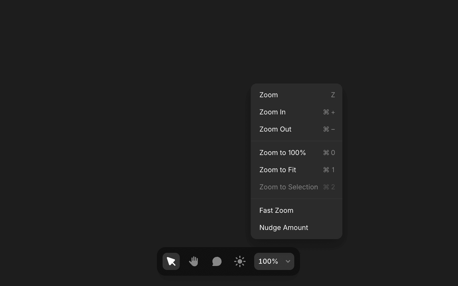 A dark interface with a bottom toolbar displaying a pointer icon, hand tool, comments icon, a light/dark mode toggle, and a zoom dropdown set to 100%. The dropdown menu is expanded, showing zoom options such as "Zoom In," "Zoom Out," "Zoom to 100%," "Zoom to Fit," "Zoom to Selection," "Fast Zoom," and "Nudge Amount," each with corresponding shortcuts.