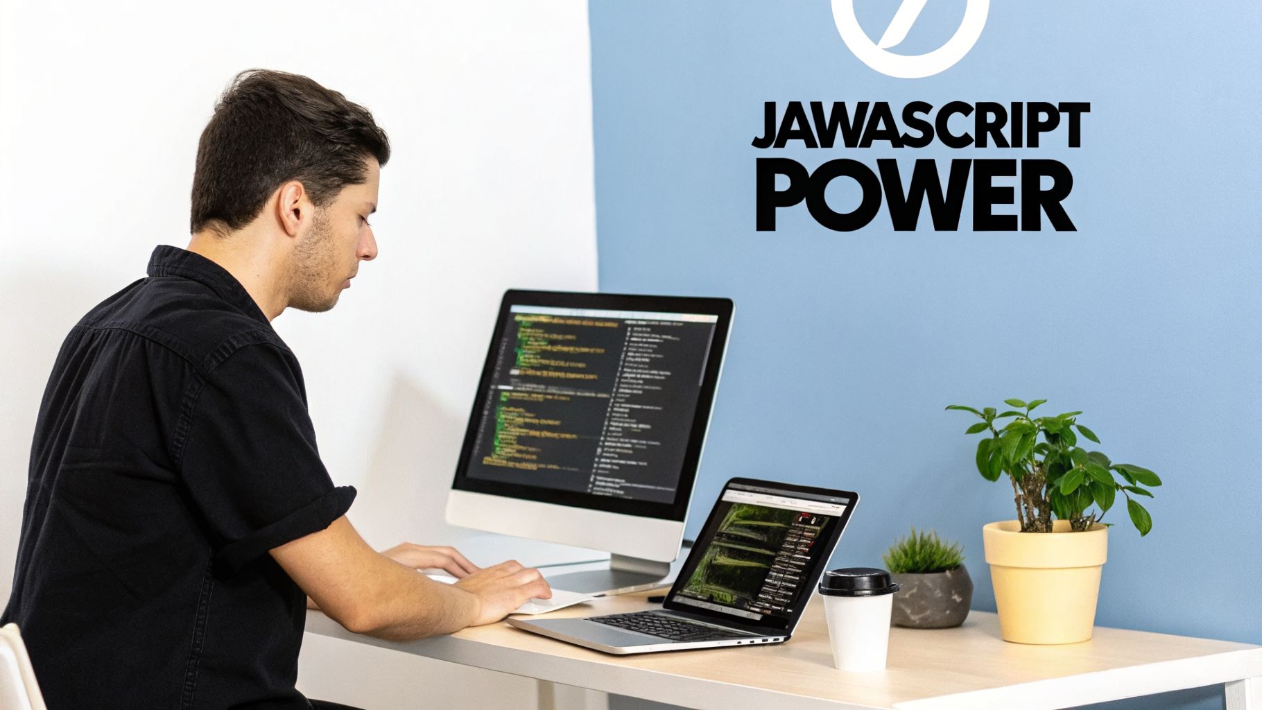 Man coding at a desk with two monitors displaying JavaScript code, plants, and coffee.