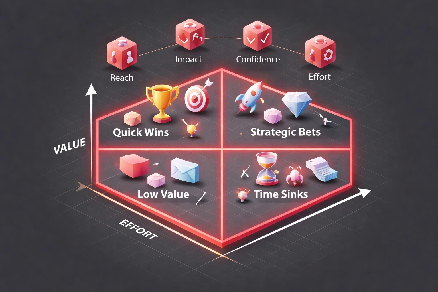 Isometric low-poly value-complexity matrix diagram with four quadrants labeled Quick Wins, Strategic Bets, Low Value, and Time Sinks, featuring faceted polygonal icons and floating RICE scoring dice icons, highlighted in accent red #ed3c48 on a dark #212121 background.