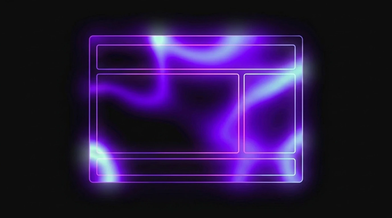 Futuristic digital blueprint illustration with electric violet and magenta gradients on a deep black background, representing modern web design and speed.