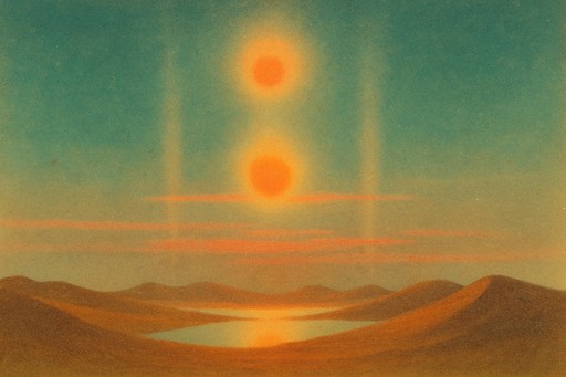 Surreal desert landscape with two suns in a teal sky over rolling dunes and a reflective body of water.