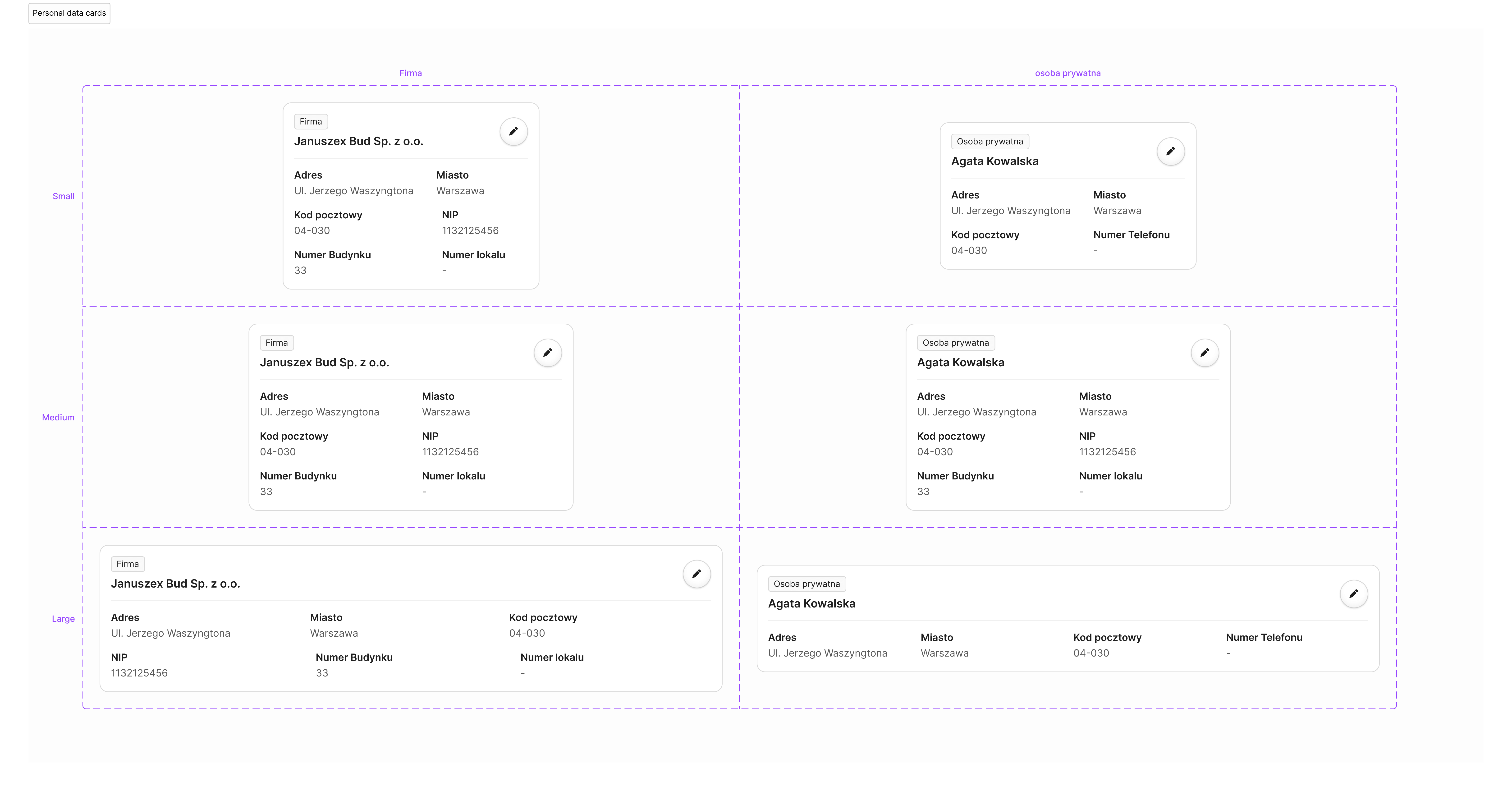 UI cards for user and company profile summaries in the Murator checkout, showing responsive layouts for small, medium, and large screen sizes.