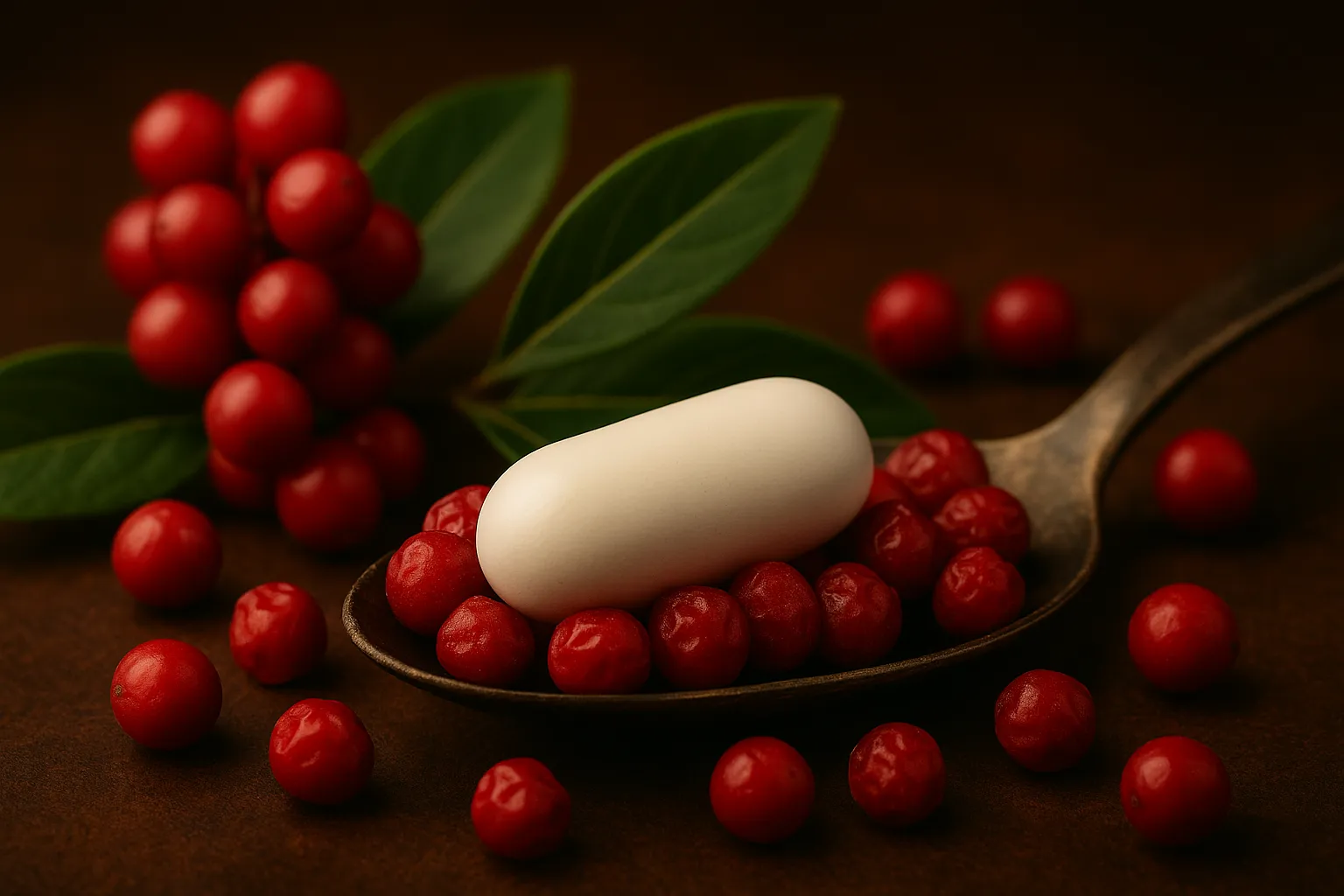White Schisandra capsule on a spoon surrounded by red berries