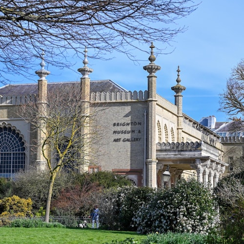 Historic building labeled "Brighton Museum & Art Gallery," surrounded by trees and bushes, under a clear blue sky.